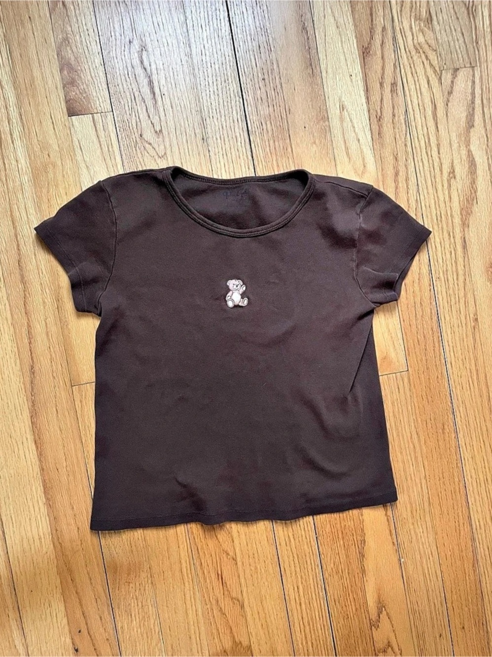Brandy Melville Brown Teddy Bear Embroidered Baby Tee